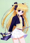  bardiche blonde_hair cropped_jacket fate_testarossa hair_ribbon highres jacket jewelry long_hair long_sleeves lyrical_nanoha mahou_shoujo_lyrical_nanoha mahou_shoujo_lyrical_nanoha_a's necklace official_art okuda_yasuhiro open_mouth pleated_skirt red_eyes ribbon skirt solo twintails weapon 