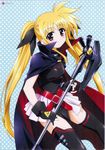  asymmetrical_clothes bardiche belt black_legwear blonde_hair cape fate_testarossa fingerless_gloves flat_chest gloves hair_ribbon highres long_hair lyrical_nanoha magical_girl mahou_shoujo_lyrical_nanoha mahou_shoujo_lyrical_nanoha_a's miniskirt official_art okuda_yasuhiro red_eyes ribbon single_fingerless_glove single_glove skirt smile solo thighhighs twintails very_long_hair weapon 