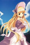  absurdres apron bare_shoulders blonde_hair blue_eyes bonnet cloud day detached_sleeves dress hands_on_own_chest highres long_hair original purple_dress scan sky solo souryuu very_long_hair waist_apron wide_sleeves 