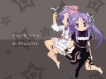  artist_request barefoot bird bird_on_hand dress frills gothic_lolita highres hiiragi_kagami hiiragi_tsukasa holding_hands lolita_fashion long_hair lucky_star multiple_girls purple_hair ribbon short_hair siblings sisters twins wallpaper 