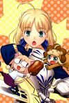  ahoge animal_costume animal_ears armor artoria_pendragon_(all) blonde_hair blue_eyes boned_meat chibi collaboration fate/stay_night fate/tiger_colosseum fate_(series) food green_eyes hair_ribbon highres higurashi_ryuuji hirai_yukio lion_costume meat melty_blood multiple_girls nekoarc open_mouth pointy_ears ribbon saber saber_lion sword tail tsukihime weapon 