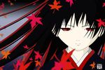  artist_request autumn_leaves bangs black_hair black_kimono closed_mouth enma_ai expressionless face floating_hair half-closed_eyes japanese_clothes jigoku_shoujo kimono leaf long_hair maple_leaf red_eyes solo straight_hair upper_body wind 
