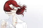  aozaki_touko artist_request cigarette floating_hair glasses hair_over_one_eye highres kara_no_kyoukai red_hair shirt smoking solo white_shirt wind 