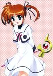  brown_hair dress flat_chest highres long_sleeves lyrical_nanoha mahou_shoujo_lyrical_nanoha okuda_yasuhiro open_mouth purple_eyes raising_heart ribbon school_uniform seishou_elementary_school_uniform short_twintails simple_background solo staff takamachi_nanoha twintails white_dress 