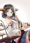  bare_shoulders blurry breasts brown_hair cake depth_of_field detached_sleeves eating food fork fruit glasses green-framed_eyewear grey_eyes kakao_rantan kantai_collection kirishima_(kantai_collection) medium_breasts nontraditional_miko open_mouth pleated_skirt ribbon-trimmed_sleeves ribbon_trim short_hair simple_background skirt solo strawberry teapot thighhighs 