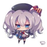  beret binoculars black_legwear blue_eyes chibi commentary_request curly_hair epaulettes hat holding kantai_collection kashima_(kantai_collection) long_hair looking_at_viewer machinery muuran pleated_skirt signature silver_hair simple_background skirt smile solo thighhighs turret twintails white_background zettai_ryouiki 