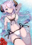  arm_up armpits bad_anatomy bikini blue_eyes blush braid breasts cleavage collarbone commentary_request demon_horns draph earrings eyes_visible_through_hair frilled_bikini frills front-tie_top fukuda_shuushi grabbing granblue_fantasy hair_ornament hair_over_one_eye highres horns jewelry lavender_hair long_hair looking_at_viewer low_tied_hair lying lying_on_water medium_breasts narmaya_(granblue_fantasy) navel on_back partially_submerged pointy_ears side-tie_bikini smile solo swimsuit thigh_strap water white_bikini 