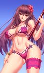  adapted_costume armpits ass_visible_through_thighs bikini bracelet breasts cameltoe cleavage collarbone commentary_request contrapposto cowboy_shot fate/grand_order fate_(series) flower gae_bolg groin hair_flower hair_ornament hibiscus highres holding holding_weapon jewelry large_breasts long_hair looking_at_viewer navel parted_lips polearm purple_bikini purple_hair red_eyes scathach_(fate)_(all) scathach_(swimsuit_assassin)_(fate) shuugetsu_karasu sidelocks skindentation smile solo spear standing stomach swimsuit thigh_strap underboob very_long_hair weapon 