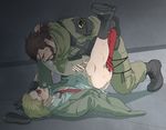  2boys anal bara beard blonde_hair blush boots bottomless brown_hair erection eyepatch facial_hair glasses lifting male_focus metal_gear_(series) metal_gear_solid multiple_boys muscle penis revolver_ocelot scar sex steam sweat tagme venom_snake yaoi 