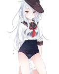  alternate_costume arms_behind_back blue_eyes covered_navel crop_top flat_cap hair_between_eyes hat hibiki_(kantai_collection) highres kantai_collection kiyomin kneeling long_hair looking_at_viewer neckerchief one-piece_swimsuit open_mouth school_uniform serafuku silver_hair solo swimsuit swimsuit_under_clothes wet wet_clothes wet_hair 