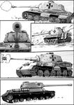  emblem firing flag gaditava girls_und_panzer greyscale ground_vehicle is-2 kuromorimine_(emblem) military military_vehicle monochrome motor_vehicle no_humans panzerkampfwagen_panther pravda_(emblem) smoke t-34 tank tank_focus tiger_ii 