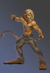  abs anthro athletic barefoot biceps blonde_hair clothed clothing dark-razvan feline fur hair kubwa lion looking_at_viewer male mammal mane muscular muscular_male pants pecs pose simple_background solo standing topless 
