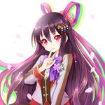  black_hair c: commentary_request finger_to_mouth hair_ornament hair_ribbon index_finger_raised kasumi_(shironeko_project) long_hair looking_at_viewer petals pilokey red_eyes ribbon shironeko_project smile solo 