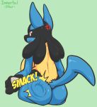  3_fingers anthro blue_fur breasts butt canid canine female fur green_background immortalstar looking_back lucario mammal nintendo open_mouth pok&eacute;mon pok&eacute;mon_(species) rear_view red_eyes simple_background spanking standing sweat text video_games 