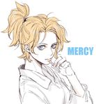  blonde_hair blue_eyes character_name cigarette eyelashes fingernails from_side hair_ornament hair_tie holding holding_cigarette looking_at_viewer mercy_(overwatch) overwatch parted_lips pink_lips ponytail shirt simple_background sketch solo upper_body white_background white_shirt 