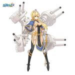  blonde_hair boots breasts cannon chain cleavage copyright_name epaulettes gloves green_eyes highres large_breasts logo ponytail simple_background solo stmaster sword thigh_boots thighhighs turret vanguard_(zhan_jian_shao_nyu) weapon white_background white_gloves zhan_jian_shao_nyu 