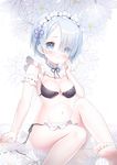  absurdres apron barefoot bikini blue_eyes blue_hair frills hair_over_one_eye hairband highres maid_bikini re:zero_kara_hajimeru_isekai_seikatsu rem_(re:zero) ribbon-trimmed_bikini ribbon_trim short_hair side-tie_bikini siloteddy solo swimsuit waist_apron 