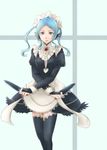  apron black_legwear blank_stare blue_eyes blue_hair crossed_arms dagger dual_wielding fire_emblem fire_emblem_if flora_(fire_emblem_if) haru_(nakajou-28) highres holding long_hair looking_at_viewer maid maid_apron maid_headdress solo standing thighhighs twintails weapon 