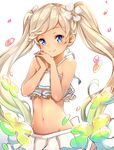  blue_eyes dark_skin flower granblue_fantasy hair_flower hair_ornament hands_clasped highres io_euclase long_hair looking_at_viewer navel own_hands_together pilokey silver_hair smile solo sparkle swimsuit tankini twintails 