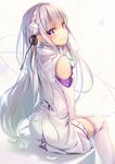 bare_shoulders black_ribbon blush braid closed_mouth commentary_request detached_sleeves dress elf emilia_(re:zero) flower from_behind from_side hair_flower hair_ornament hair_ribbon long_hair looking_at_viewer looking_back low-tied_long_hair pointy_ears purple_eyes re:zero_kara_hajimeru_isekai_seikatsu ribbon short_dress silver_hair sitting smile solo thighhighs very_long_hair white_dress white_legwear wingheart 