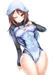  ;d arm_at_side blue_hair blue_hat blue_jacket blush breasts brown_hair cleavage clothes_lift competition_swimsuit covered_navel covered_nipples cowboy_shot girls_und_panzer gradient_hair hat highres jacket jacket_lift keizoku_military_uniform lifted_by_self long_hair long_sleeves looking_at_viewer medium_breasts mika_(girls_und_panzer) military military_uniform multicolored_hair one-piece_swimsuit one_eye_closed open_mouth red_eyes shiny shiny_clothes shiny_skin silly_(marinkomoe) simple_background skin_tight smile solo standing swimsuit track_jacket uniform water water_drop wet wet_hair white_background zipper 
