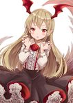  black_skirt blouse blush claw_pose granblue_fantasy light_brown_hair long_hair long_sleeves looking_at_viewer open_mouth petticoat pilokey pointy_ears red_eyes shingeki_no_bahamut skirt slit_pupils solo vampy white_blouse 