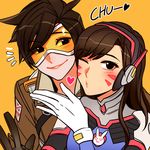  animal_print bangs blush bodysuit bomber_jacket bracer breasts brown_eyes brown_gloves brown_hair brown_jacket bunny_print d.va_(overwatch) eyebrows facepaint facial_mark gloves goggles hand_up headphones heart hooreng jacket leather leather_jacket long_hair looking_at_viewer medium_breasts multiple_girls one_eye_closed overwatch pilot_suit ribbed_bodysuit short_hair simple_background smile spiked_hair spoken_heart tracer_(overwatch) turtleneck union_jack w whisker_markings white_gloves yellow_background 