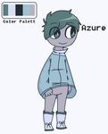  2016 ambiguous_gender azure_(disambiguation) boots bottomless clothed clothing cute footwear green_eyes green_hair grey_skin hair humanoid invalid_tag looking_away low_res model_sheet noseless not_furry poncho simple_background smile solo text unknown_artist unknown_species white_background 
