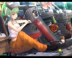  :3 :q bangs bare_arms bare_shoulders black_footwear blunt_bangs bow box cable cannon cardboard_box chain closed_mouth cuon_(kuon) drill electric_fan extension_cord fairy_(kantai_collection) green_bow green_hair hair_bow hammer helmet kantai_collection ladder letterboxed machinery mallet mask mask_on_head mechanical_parts minigirl miss_cloud multiple_girls number orange_pants pipes rensouhou-chan rensouhou-kun robot shelf shirt shoes short_hair sitting sleeveless smile tank_top tongue tongue_out turret watermark web_address welding_mask white_shirt wrench yellow_eyes yuubari_(kantai_collection) 