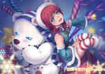  alternate_costume animal_hood annie_hastur bear bear_hood between_legs blue_eyes blush breasts candy candy_cane destincelly detached_sleeves food frostfire_annie garter_straps hand_between_legs hat highres hood league_of_legends looking_up open_mouth outstretched_hand polar_bear red_hair scarf sitting small_breasts snowflakes star stitches striped striped_legwear striped_scarf thighhighs tibbers 