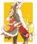  2girls animal_ears back black_hair blonde_hair boots father_and_daughter fire_emblem fire_emblem_if flannel_(fire_emblem_if) fox_ears fox_tail grey_hair heart highres hood hoodie kinu_(fire_emblem_if) long_hair multicolored_hair multiple_girls orange_eyes socks tail torisudesu two-tone_hair velour_(fire_emblem_if) white_hair wolf_ears wolf_tail younger 