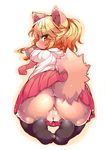  2016 amber_eyes anthro anus big_butt blonde_hair butt canine clothed clothing condom dog edit female fur hair half-closed_eyes hi_res kemono kneeling legwear looking_at_viewer looking_back mammal necktie no_underwear presenting presenting_hindquarters pussy raised_tail ro shirt simple_background sitting skirt solo stockings sweat uniform white_background 