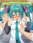  absurdres aqua_eyes aqua_hair blush breast_grab breasts detached_sleeves grabbing hair_between_eyes hatsune_miku highres holding_hands interlocked_fingers kitsunerider long_hair lying necktie on_back open_mouth out_of_frame pillow pov small_breasts solo_focus tears twintails upper_body vocaloid wavy_mouth 