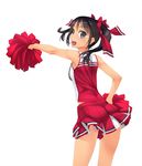  :d ass bare_shoulders black_hair blue_eyes blush breasts cheerleader crop_top f-ism from_behind hair_ribbon highres long_hair looking_at_viewer looking_back medium_breasts murakami_suigun open_mouth original pom_poms ribbon skirt sleeveless smile solo sweat twintails 