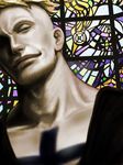  aki_(6390783) beard blonde_hair facial_hair male_focus marco one_piece portrait realistic solo stained_glass tattoo 