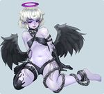  :p arm_belt barbariank bare_shoulders barefoot black_wings chain collar cuffs dark_angel_(monster_girl_encyclopedia) feathered_wings flat_chest full_body halo leg_belt looking_at_viewer monster_girl_encyclopedia petite pointy_ears purple_eyes purple_skin shackles short_hair silver_hair simple_background sitting solo tattoo tongue tongue_out wings 