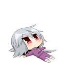  chibi closed_mouth expressionless kishin_sagume lying on_back red_eyes single_wing solo touhou track_suit twumi white_background white_hair wings 