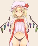  1girl ascot bangs beige_background black_panties blonde_hair blush bow commentary_request cowboy_shot crystal eyebrows_visible_through_hair flandre_scarlet hair_between_eyes hands_up hat hat_bow lifted_by_self looking_at_viewer miyo_(ranthath) mob_cap navel one_side_up panties petticoat puffy_short_sleeves puffy_sleeves red_bow red_eyes red_skirt shirt short_hair short_sleeves simple_background skirt skirt_lift solo standing stomach thighs touhou underwear white_hat white_shirt wings yellow_neckwear 