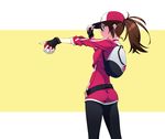  ass backpack bag baseball_cap breasts brown_hair cropped_jacket female_protagonist_(pokemon_go) fingerless_gloves from_side gloves hat highres holding holding_poke_ball leggings long_hair medium_breasts murakami_suigun outstretched_arm poke_ball poke_ball_(generic) pokemon pokemon_go pokemon_trainer ponytail profile solo 
