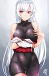  breast_suppress breasts collarbone covered_navel downscaled highres long_hair md5_mismatch okitakung original red_eyes resized silver_hair sleeveless smile solo tsuru-chan very_long_hair white_hair wide_hips 