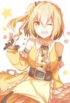  blonde_hair c-i chain dress hair_ribbon highres idol kagerou_project kisaragi_momo long_hair microphone one_eye_closed orange_eyes ribbon side_ponytail sketch smile solo 