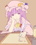  bored bow breasts cleavage crescent crescent_hair_ornament desk dress hair_bow hair_ornament hat long_hair medium_breasts miyo_(ranthath) mob_cap patchouli_knowledge purple_eyes purple_hair quill sitting sketch solo striped striped_dress touhou writing 