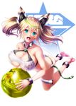  ankle_strap ass ball bare_arms bare_shoulders beachball blonde_hair blue_eyes bow breasts cleavage cleavage_cutout collarbone criss-cross_halter gene_(pso2) hair_between_eyes hair_bow hair_ornament halter_top halterneck harukaze_bou highres huge_breasts kneeling long_hair looking_at_viewer midriff multicolored_hair phantasy_star phantasy_star_online_2 skindentation solo streaked_hair thigh_strap twintails two-tone_hair underboob 