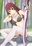  absurdres bamboo bamboo_forest black_bra black_panties bra breasts brown_eyes brown_hair cleavage forest genkai_tokki_monster_monpiece grin hair_ornament hair_over_shoulder highres holding holding_sword holding_weapon jewelry long_hair magatama medium_breasts nature necklace panties side-tie_panties sitting smile solo sword thighhighs underwear weapon white_legwear 