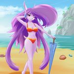  beach bikini breasts cleavage clothed clothing dragon female freedom_planet fur hair jt-metalli long_hair navel one_eye_closed outside sash_lilac seaside solo swimsuit video_games 