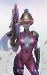  bodysuit breasts center_opening character_name chromatic_aberration cleavage collarbone contrapposto copyright_name covered_navel cowboy_shot d.sum finger_on_trigger gloves grey_background gun head_mounted_display highres holding holding_gun holding_weapon large_breasts lips long_hair looking_at_viewer nose overwatch parted_lips pink_bodysuit ponytail purple_hair purple_skin rifle sniper_rifle solo standing very_long_hair visor weapon widowmaker_(overwatch) yellow_eyes 