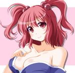  :&gt; bare_shoulders breasts cleavage collarbone hair_bobbles hair_ornament kinagi_yuu large_breasts lips lipstick looking_at_viewer makeup no_bra off_shoulder onozuka_komachi red_eyes red_hair smile solo touhou two_side_up 