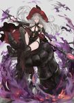  absurdres bangs bare_shoulders between_breasts black_dress black_hat black_legwear breasts collarbone detached_sleeves dress fire granblue_fantasy grin hair_between_eyes halterneck hat highres large_breasts long_hair long_sleeves looking_at_viewer magisa_(granblue_fantasy) morax_(granblue_fantasy) n9+ no_panties over-kneehighs pink_eyes side_slit silver_hair sitting smile solo staff striped striped_dress thighhighs vertical-striped_dress vertical_stripes witch witch_hat 