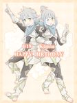  1girl :d ;d bandana barefoot barefoot_sandals blue_hair blush character_name dated fire_emblem fire_emblem_if flower gloves hair_bun happy_birthday kanna_(female)_(fire_emblem_if) kanna_(fire_emblem_if) kanna_(male)_(fire_emblem_if) one_eye_closed open_mouth pointy_ears rose smile teeth tico toeless_legwear yellow_eyes 