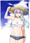  ^_^ alternate_costume aqua_hair arm_up bare_shoulders blue_sky breasts buttons cleavage closed_eyes cloud cloudy_sky collarbone day denim denim_shorts hair_ornament hairclip hat kantai_collection long_hair medium_breasts midriff mr.lostman navel short_shorts shorts sky smile solo straw_hat suzuya_(kantai_collection) tank_top teeth 
